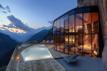Wall Mural - A house with a pool and a large glass window overlooking a mountain. The pool is surrounded by a wooden deck and the house is built on a cliff