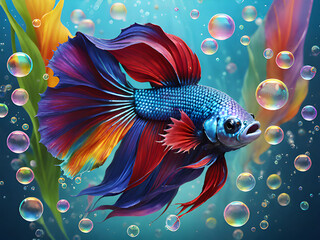 Sticker - illustration of the beautiful rainbow betta fish on the background.