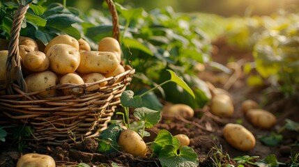 Wall Mural - Fresh organic potatoes in the field. Background many large potatoes in the basket and green leaves on the ground close-up.