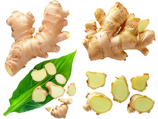 ginger with a leaf, seen from different angle. png file of isolated cutout object with white background