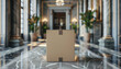 Cardboard box on a glossy marble floor in an elegant hallway with ornate columns and luxurious decor
