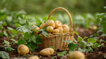 Wall Mural - Fresh organic potatoes in the field. Background many large potatoes in the basket and green leaves on the ground close-up.