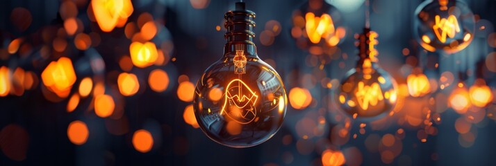 Poster - Artistic heart shape in lightbulb amongst many - Heartwarming close-up of a lightbulb with a heart-shaped filament among glowing bulbs, epitomizing love and warmth