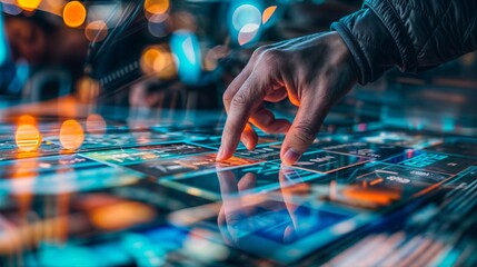Poster - Close-up of a man's hand touching the display of a computer. The concept of modern technologies.