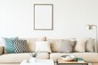 A picture frame hangs above the couch in the living room