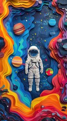 Sticker - A colorful paper cutout of a man in a spacesuit standing in front of a colorful background of planets