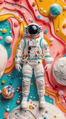 Poster - A colorful paper cutout of a man in a spacesuit standing in front of a colorful.