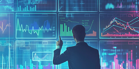 Wall Mural - economy growth financial data concept and investment market profit, businessman pointing finger to growth success finance business chart and analysing sales data, stock market, strategy