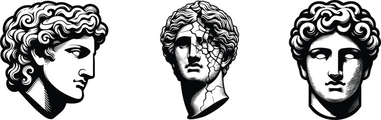 Set of greek sculptures head, vector illustration.