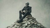 Fototapeta Konie - Skeleton sitting atop money pile - An eerie conceptual image of a human skeleton seated on a large pile of dollar bills symbolizing wealth and mortality