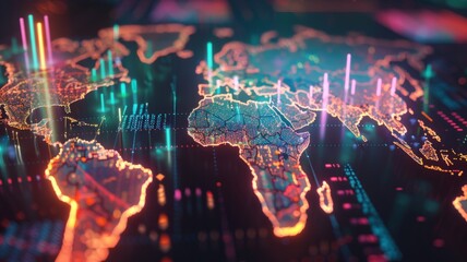 Poster - Vibrant Global Data Network Map Concept - A striking image representing a global data network with a vibrant map and digital connectivity lines
