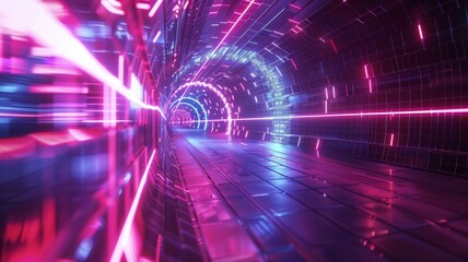 Wall Mural - Vibrant neon light tunnel in 3D render - A high-speed journey is visualized in a dynamic 3D rendered neon light tunnel, evoking a sense of futuristic motion