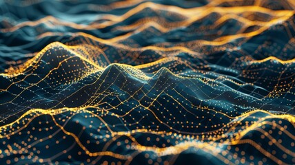 Wall Mural - Abstract digital terrain with glowing lines - This image shows a 3D digital illustration of an undulating landscape with glowing particles and lines