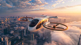Fototapeta  - Advanced air taxi flying over city - A modern air taxi with innovative design flies high above a bustling metropolis during sunrise, depicting urban evolution