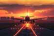 Airplane landing on runway with glowing sunset behind, creating a silhouette effect at twilight. Generative AI