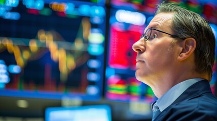Poster - Businessman reviewing financial statistics - Confident businessman evaluates complex financial charts displayed on monitors in a modern trading office