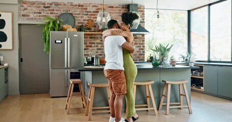 Poster - Couple, embrace and happiness in home with love for bonding, support and healthy relationship with affection. Woman, man and trust with hug in kitchen for commitment, comfort and romance with smile