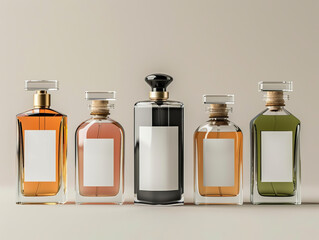 Wall Mural - Five assorted perfume bottles with blank labels aligned on a plain background, showcasing variety in bottle designs