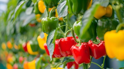 Wall Mural - Growing sweet peppers in a greenhouse close-up. Fresh juicy red green and yellow peppers on the branches close-up. Agriculture - large crop of acute pepper. 