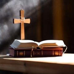 Close up of a holy bible and christian cross on wooden table. Happy good friday or religion concept