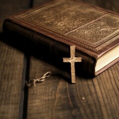 Close up of a holy bible and christian cross on wooden table. Happy good friday or religion concept