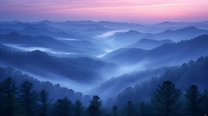 Wall Mural - Mountain View - sunset - blue and purple - fog - mist 