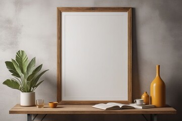 A blank photo frame on a painted wall for mockup design