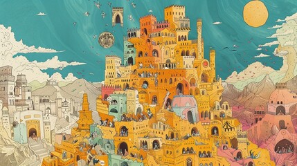 A playful hand-drawn scene of the tower of Babel