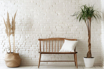 Wall Mural - Mid century interior design of modern home entryway with wooden bench against white brick wall.