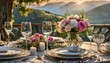 Wedding reception table setting with beautiful flowers , sparkling glassware and dishes, ext 
