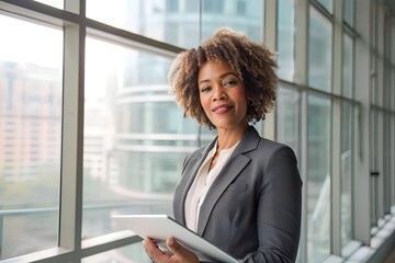 African woman holding tablet phone in office