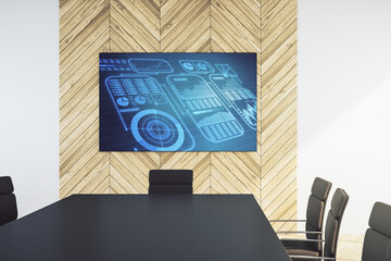 Poster - Abstract graphic data spreadsheet sketch on tv display in a modern presentation room, analytics and analysis concept. 3D Rendering
