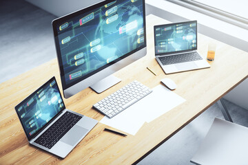 Poster - Modern computer display with abstract programming language hologram and world map, artificial intelligence and neural networks concept. 3D Rendering