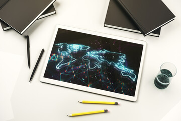 Poster - Abstract creative world map on modern digital tablet monitor, tourism and traveling concept. Top view. 3D Rendering