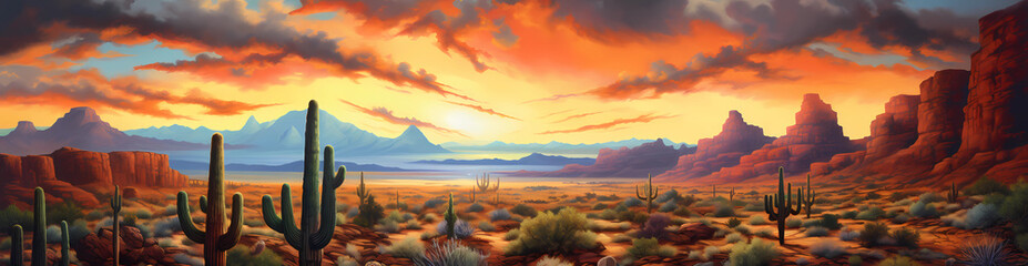 Wall Mural -  A beautiful desert landscape with cacti and mountains in the background, orange sky with clouds