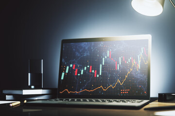 Poster - Abstract creative financial graph with world map on modern laptop screen, forex and investment concept. 3D Rendering