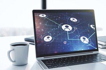 Aufkleber - Modern computer display with social network icons concept. Networking concept. 3D Rendering