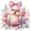  Cozy illustrated cockatoo with a pink bow nestled in a lush bouquet of pink lilies.