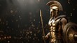 Spartan king demigod, clad in golden armor, wields spear and shield with battle-worn grunge backdrop