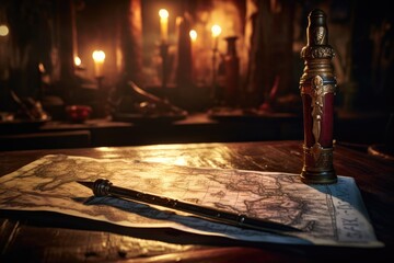 Sword and pirate map on a wooden table with bokeh lights in a tavern.