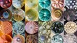 A collage of various diatom shells highlighting the diverse range of colors and patterns found in these microscopic organisms showcasing