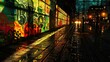 As the sun sets and the streetlights turn on the cityscape transforms into a breathtaking display of street art. The graffiti once hidden in the shadows now basks in the glow