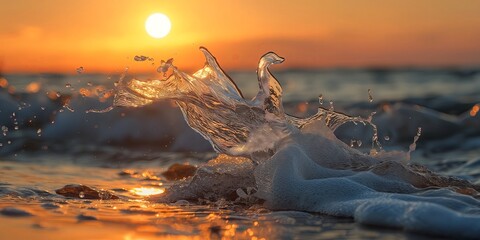 In the rays of a beautiful dawn, amazing splashes of water formed the shape of a bird