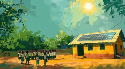 Wall Mural - A school with no access to electricity is now powered by solar panels allowing students to continue their education despite the aftermath . .