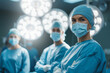 Portrait of Surgical team in blue scrubs with masks, maintaining sterility while operating with precision and focus