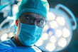 Experienced surgeon in blue scrubs with mask and glasses, poised and confident in the OR