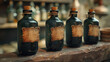 Old-fashioned green tinted glass bottles lined up with blank labels in front, suggestive of historical pharmaceutical practices