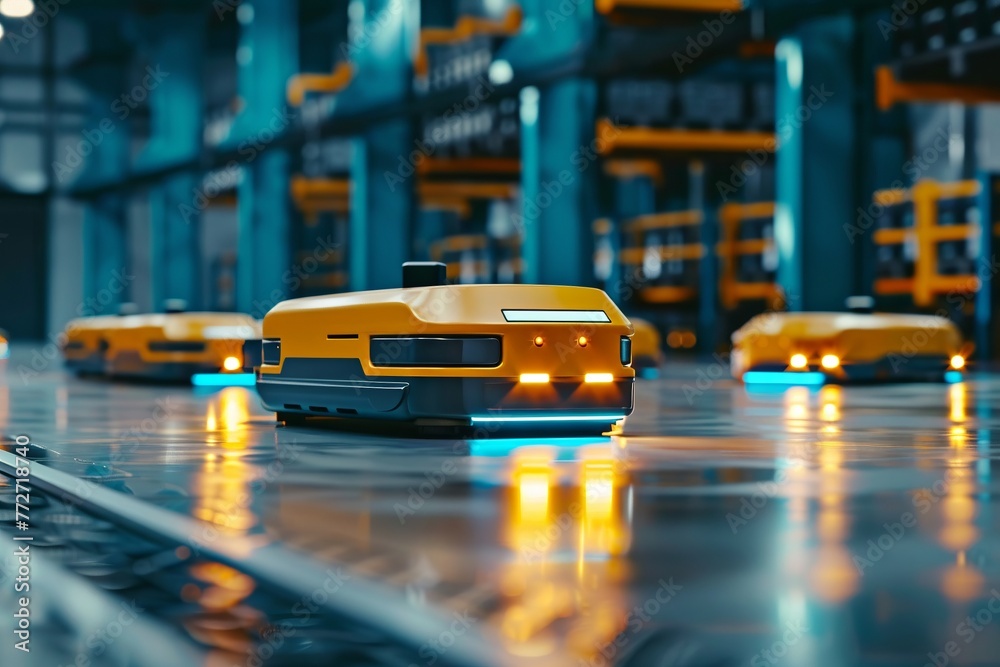Delivery robots and autonomous vehicles in a modern warehouse, macro ...