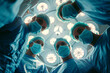 Team of focused surgeons in scrubs performing an operation in a well-equipped operating room, medical expertise under glow of surgical lights, OR lights