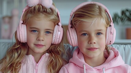 Siblings sharing headphones and listening to music together